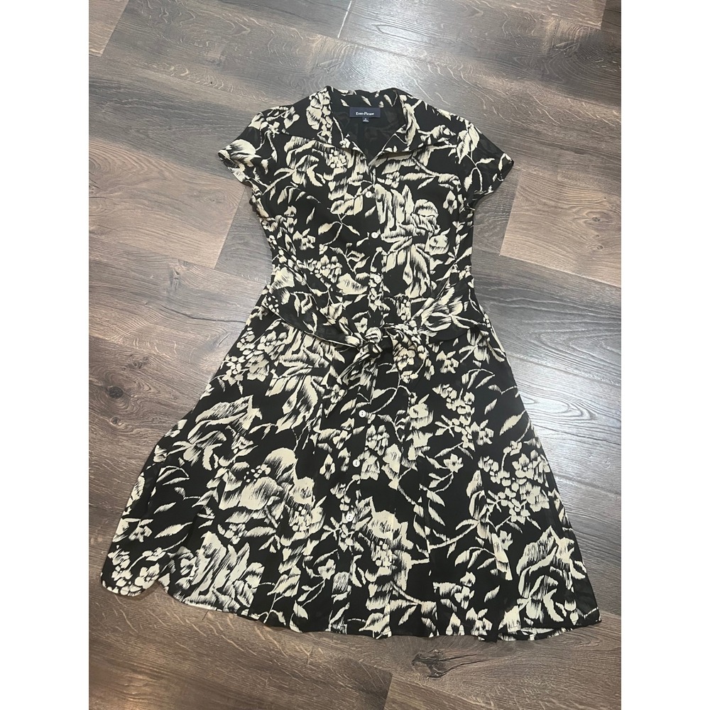Evan Picone Black Beige Floral Print Button Front Tie Waist Midi Dress Women 10
